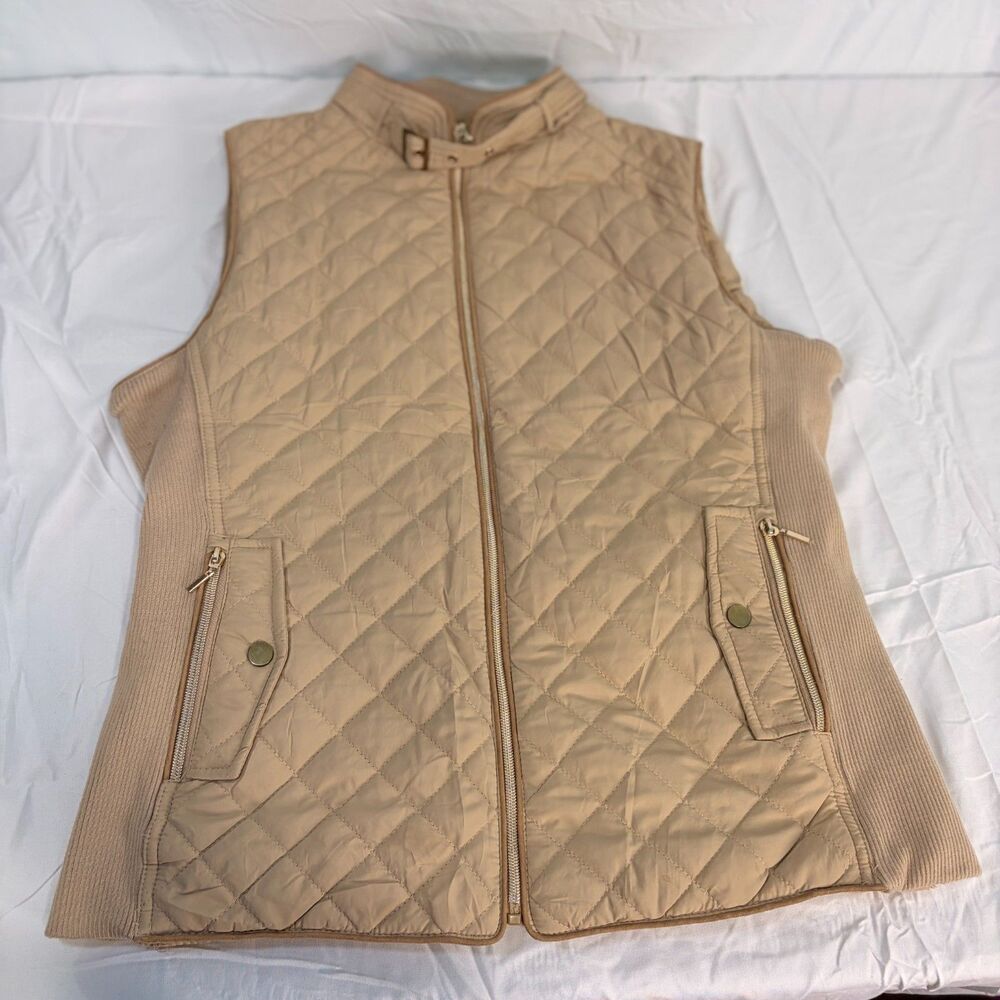 Ashley Outerwear Tan Quilted Fleece-Lined Vest with Buckle Collar Size XL